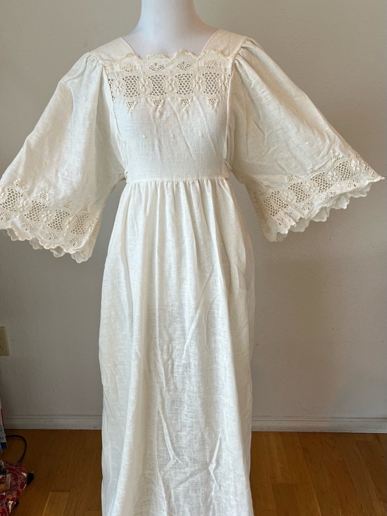 Unbranded Dresses & Skirts - Vintage 70s Kaftan Dress Eyelet Cotton Blend Size L Gauzy Goddess Prairie USA